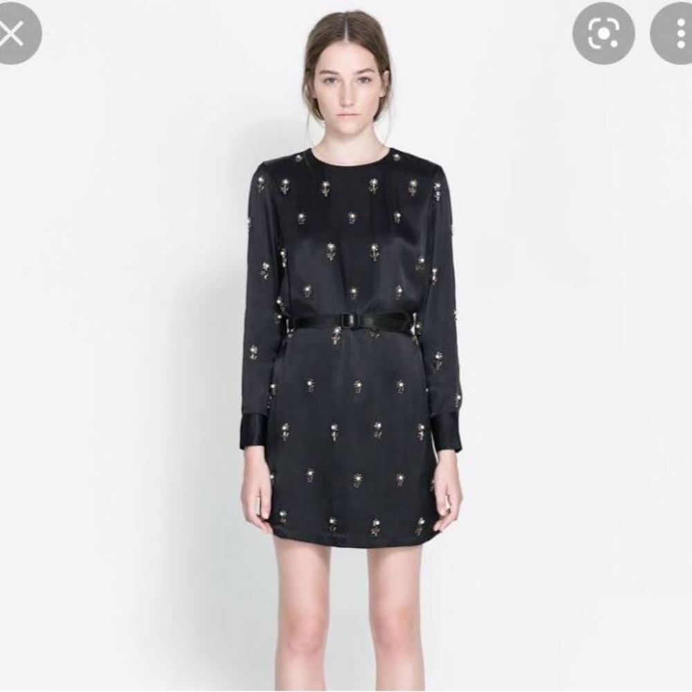 Zara Black Midi Dress with Rhinestones Bids Decorative Embroidery Size L Large